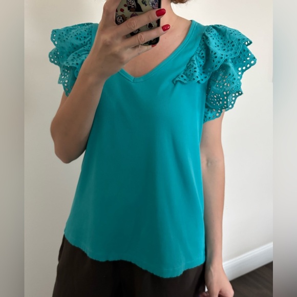 Chico’s Ribbed Eyelet Flutter Sleeve Tee Turquoise size M-L - Picture 9 of 11